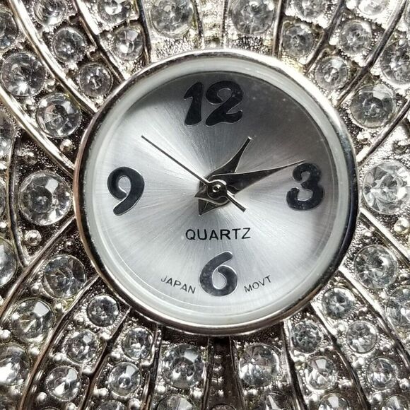 Vintage Rhinestone Encrusted Silver Tone Cuff Bangle Quartz Watch, AS IS - Picture 3 of 9